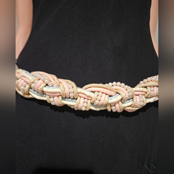 Vintage Braided Rope Belt Pearl Detail Pastel Nautical Statement Waist Belt. M/L main image 13
